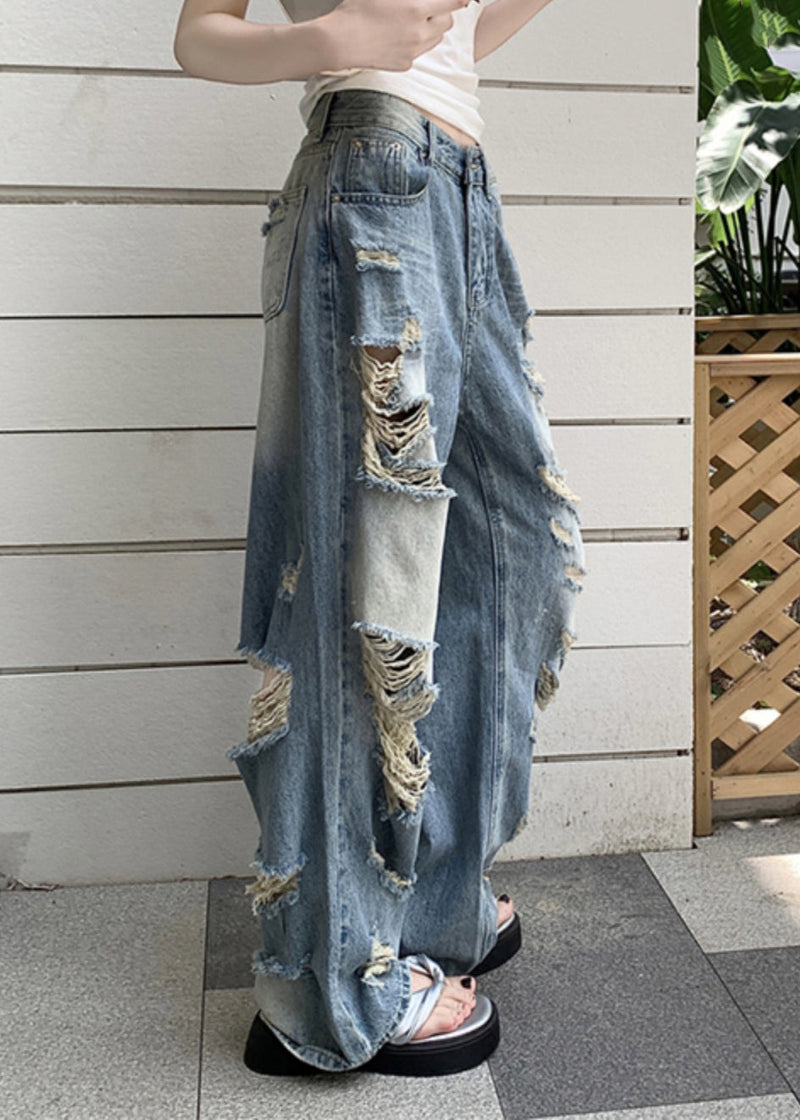 Blue Pockets Patchwork Hole Denim Pants Spring