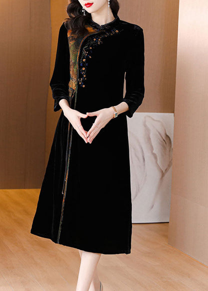 Black Print Embroideried Tassel Silk Velour Maxi Dresses Fall
