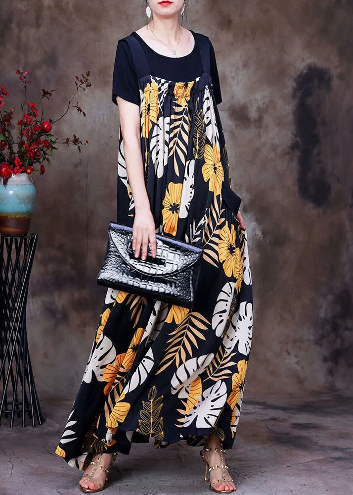 Italian Black Pockets Print Silk Pleated Spaghetti Strap Dress and Tank Two Pieces Set Summer