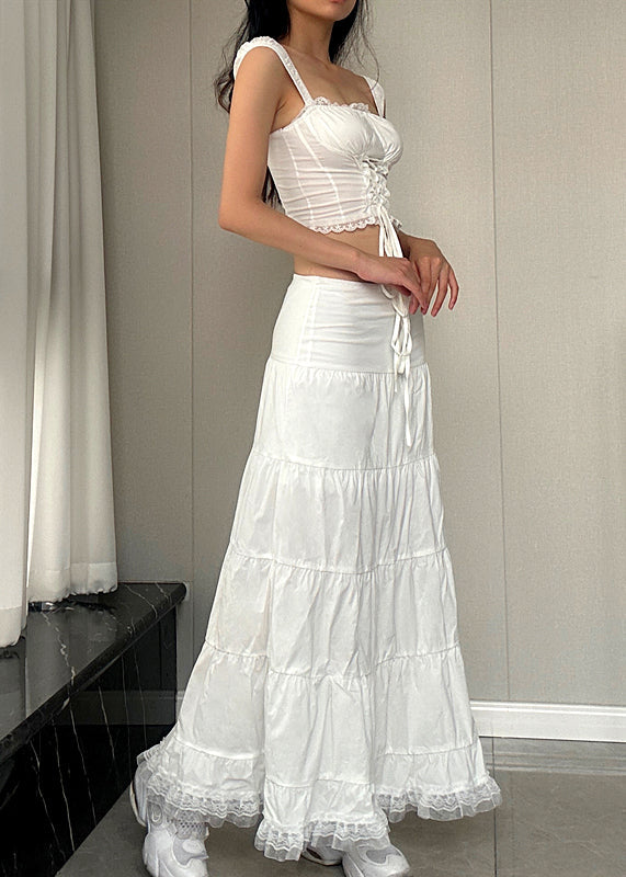 White Lace Tank and Skirts Cotton Two Pieces Set Sleeveless