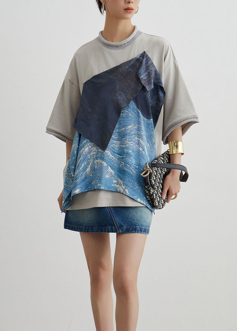 Stylish O-neck Asymmetrical Patchwork Cotton T Shirt Summer