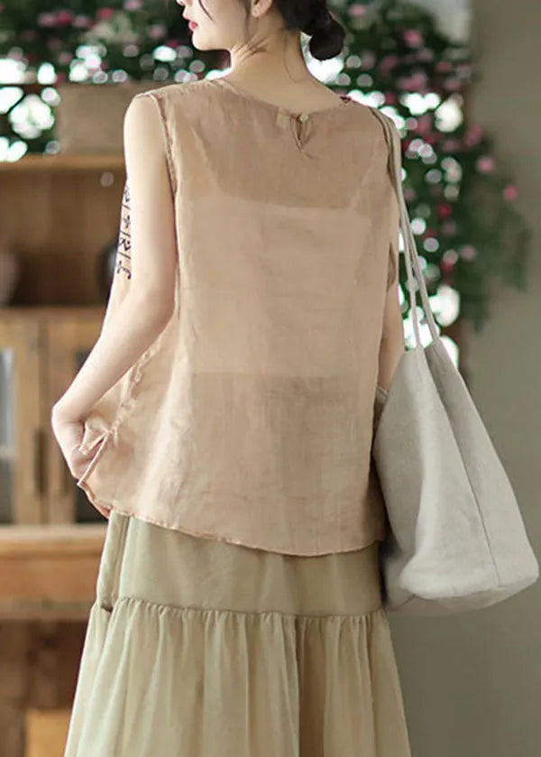 Khaki Low High Design Linen Beach Tanks Sleeveless