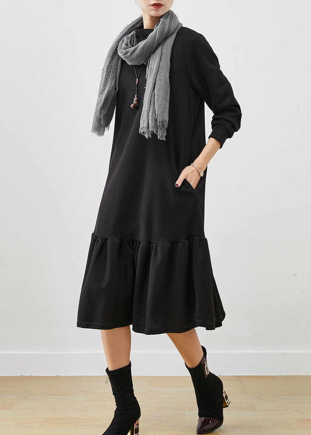 French Black Oversized Patchwork Cotton Maxi Dresses Spring