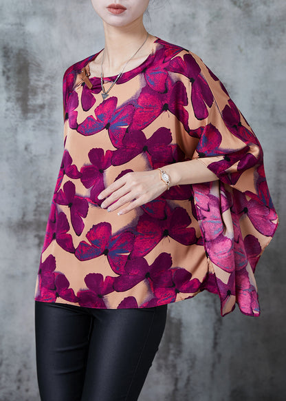Brown Oversized Butterfly Silk Shirt Batwing Sleeve Spring