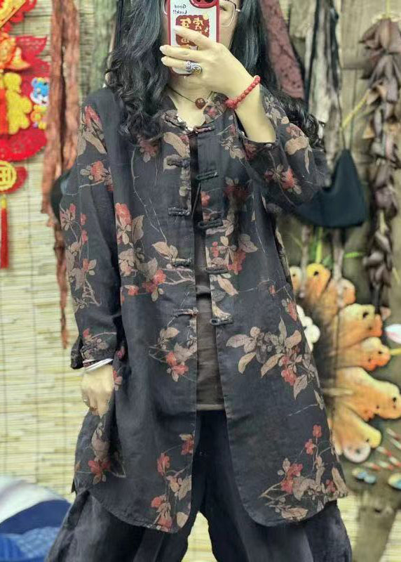 Colorblock Stand Collar Print Mid Linen Shirt Spring