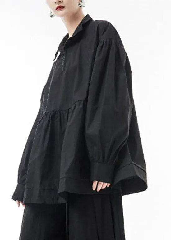 Black Wrinkled Zip Up Shirt Tops Lantern Sleeve