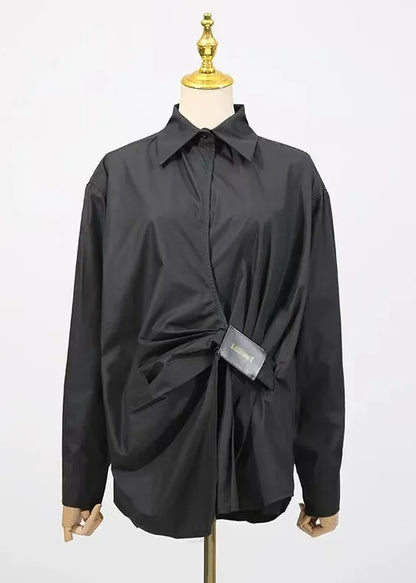 Loose White Peter Pan Collar Wrinkled Cotton Shirt Top Fall