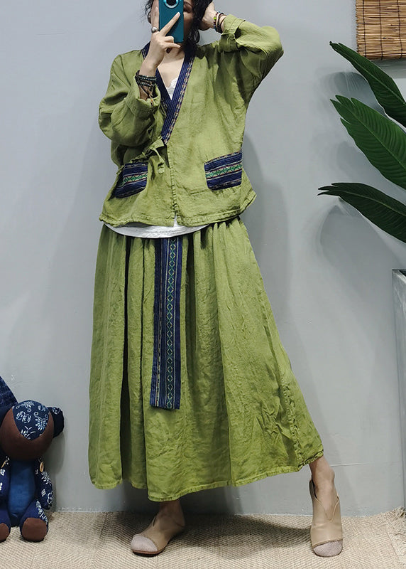 Green V Neck Linen Shirt Top Loose Skirt Sets Two Pieces Long Sleeve