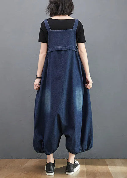 Style Navy Pockets Patchwork Denim Lantern Jumpsuit Summer