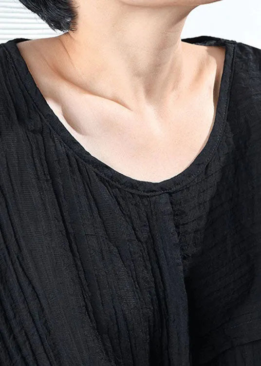 Black O-neck Wrinkled Blouses Half Sleeve