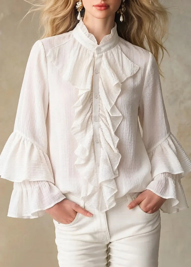 Apricot Stand Collar Ruffled Button Cotton Shirt Spring