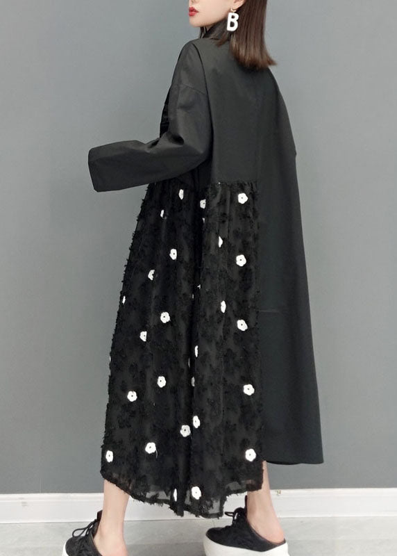 Black Lace Patchwork Shirt Dresses Spring