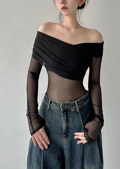Black Cold Shoulder Tulle Blouse Tops Fall