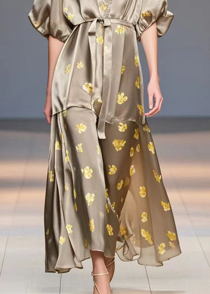 Brown V Neck Print Silk Dress Summer
