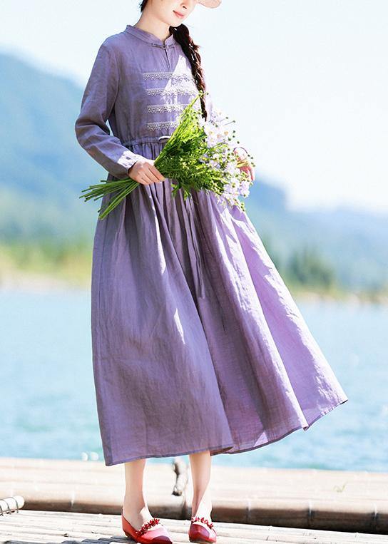 Stand Collar Patchwork Lace Spring Pattern Shape Purple Dress