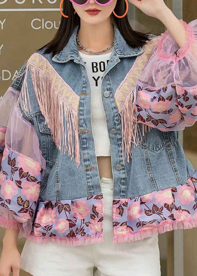 Loose Blue Tasseled Embroideried Ruffled Patchwork Denim Coat Lantern Sleeve Spring
