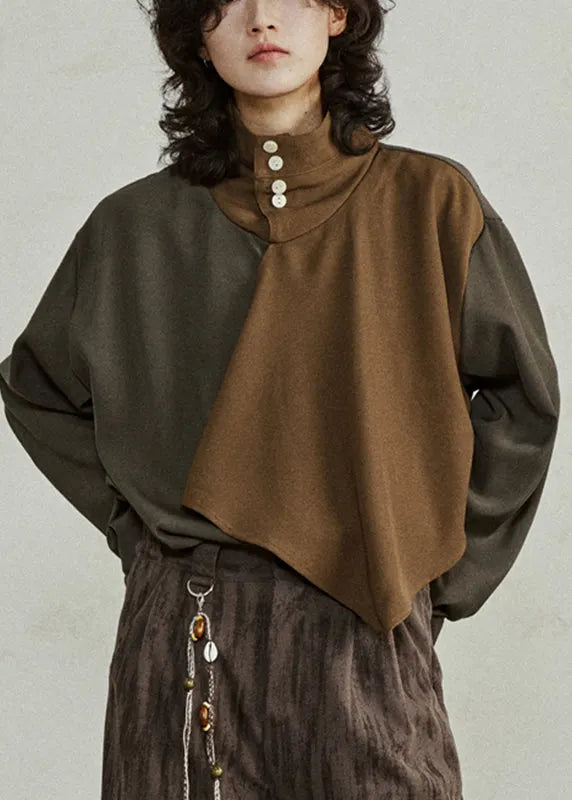 Unique Colorblock Turtleneck Asymmetrical Patchwork T Shirt Lantern Sleeve