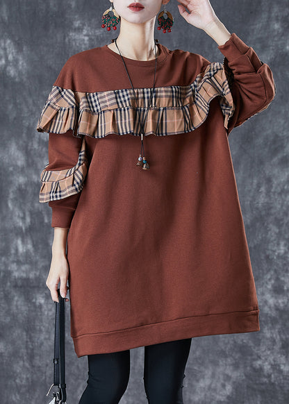 Brown Ruffled Patchwork Cotton Sweatshirts Dress Fall