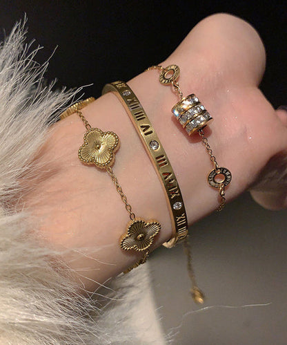 Vogue Gold Stainless Steel Alloy Zircon Graphic Four Leaf Clover Charm Bracelet Three-piece Set