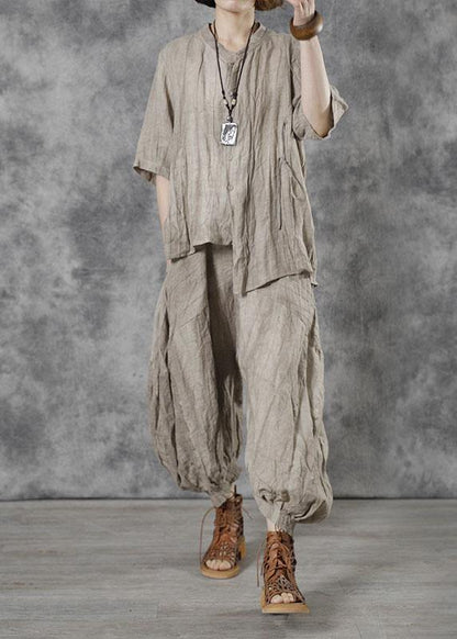 Style Chocolate Stand Button Asymmetrical Design Linen Fall Half Sleeve Two Pieces Set