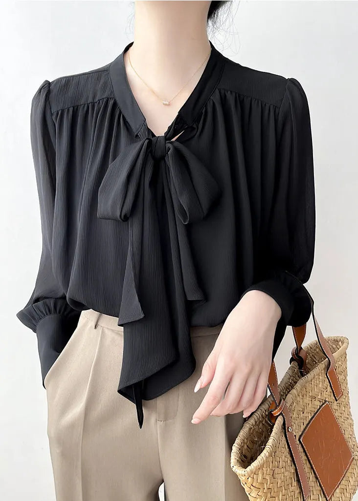Classy Black Bow Draping Chiffon Shirt Tops Spring