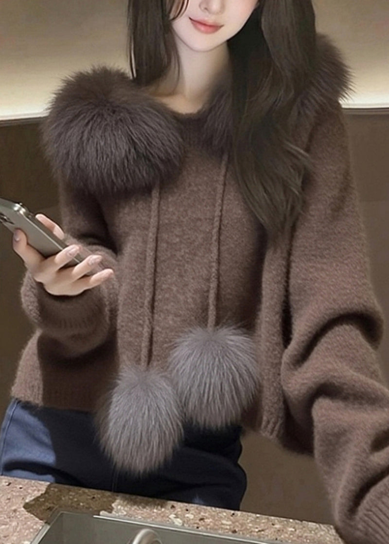 Modern Brown Hooded Patchwork Faux Fur Knit Sweater Tops Spring