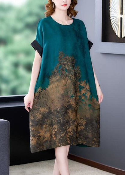 Blue O Neck Print Patchwork Silk Dress Summer