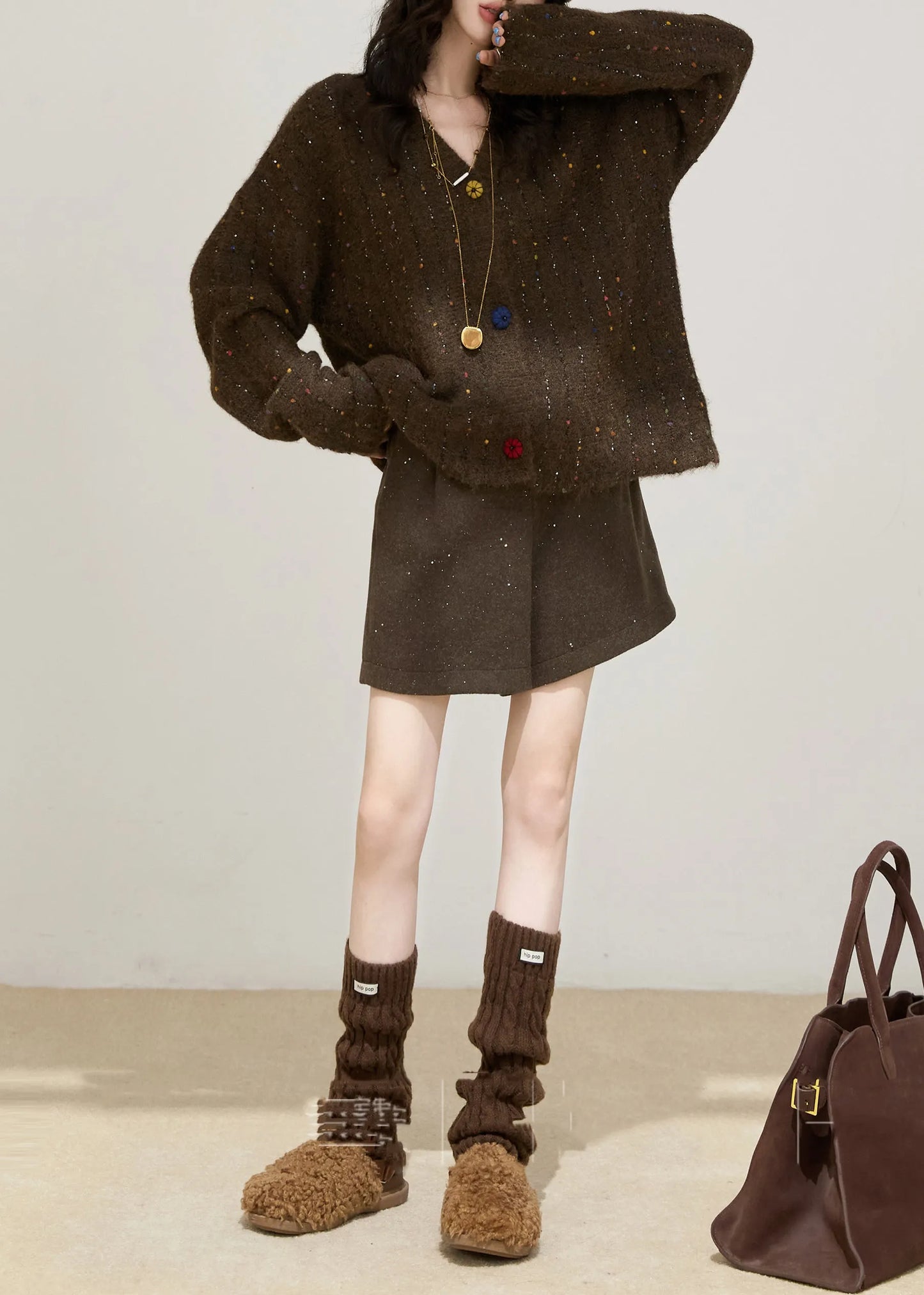 Cozy Grey Oversized Multicolour Button Knit Sweater Winter