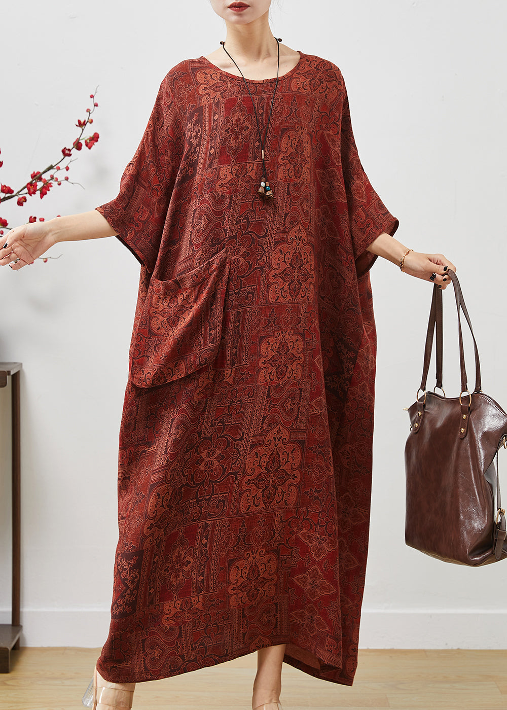 French Orange Oversized Print Cotton Ankle Dress Batwing Sleeve Summer
