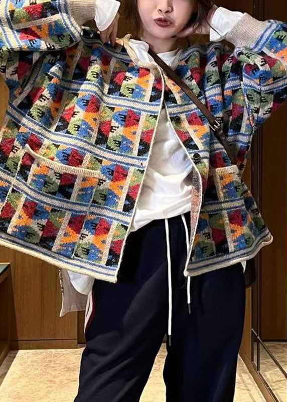 French Multicolor O-neck Print Cotton Knit Coat Fall