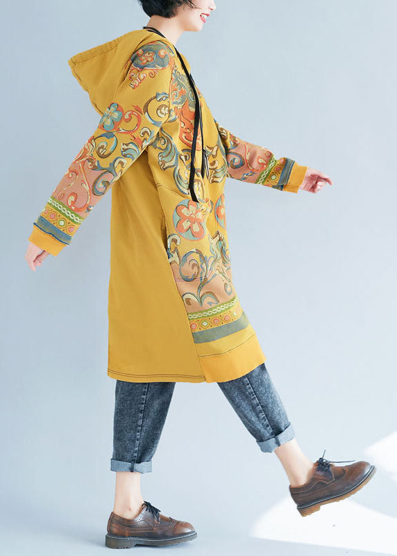 Modern Yellow Drawstring Hooded Pullover Dresses Spring