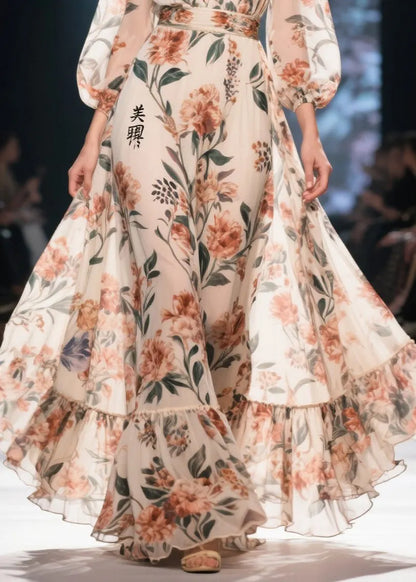 Apricot Print Chiffon Long Dress Exra Large Hem Summer