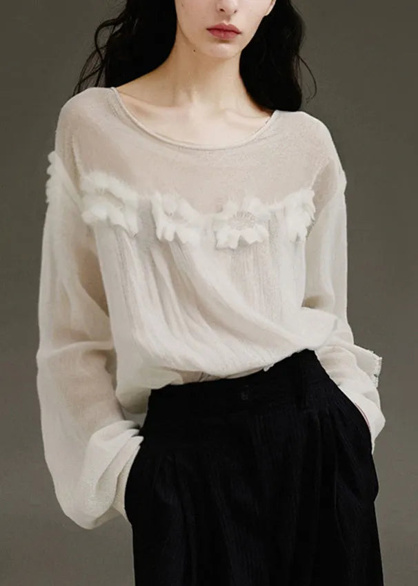 Modern White O-neck Patchwork Tulle Top Lantern Sleev
