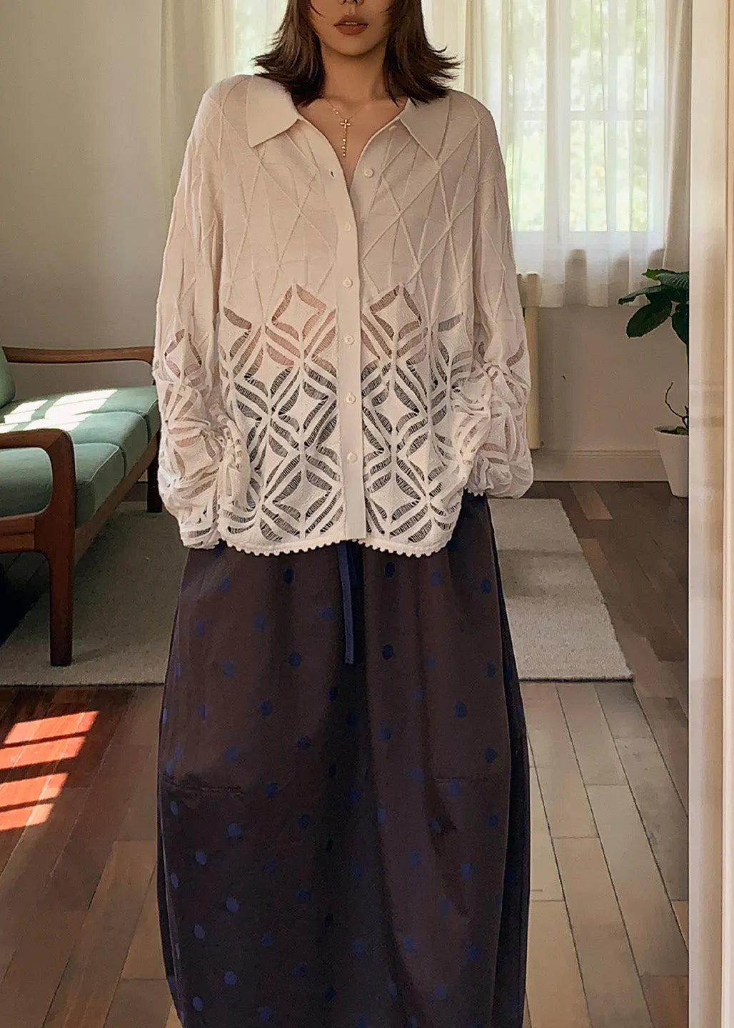 Fine White Peter Pan Collar Hollow Out Patchwork Woolen Blouse Top Fall