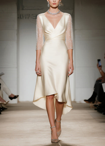 Champagne V Neck Patchwork Silk Dresses Summer