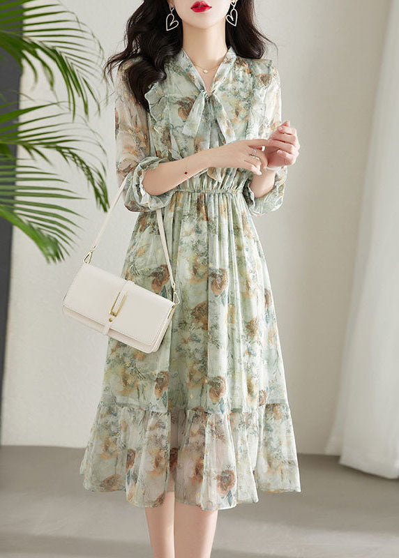 Light Green Cinched Patchwork Print Chiffon Dress Spring