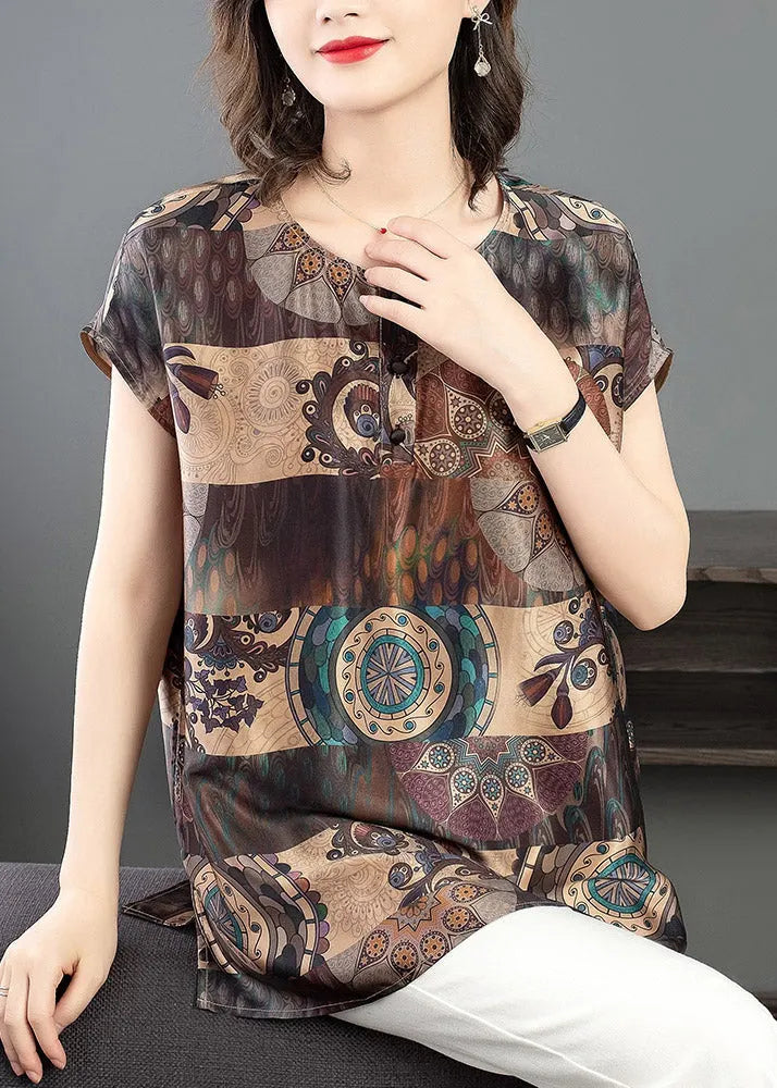 Loose Chocolate O-neck Print Side Open Silk Tops Short Sleeve