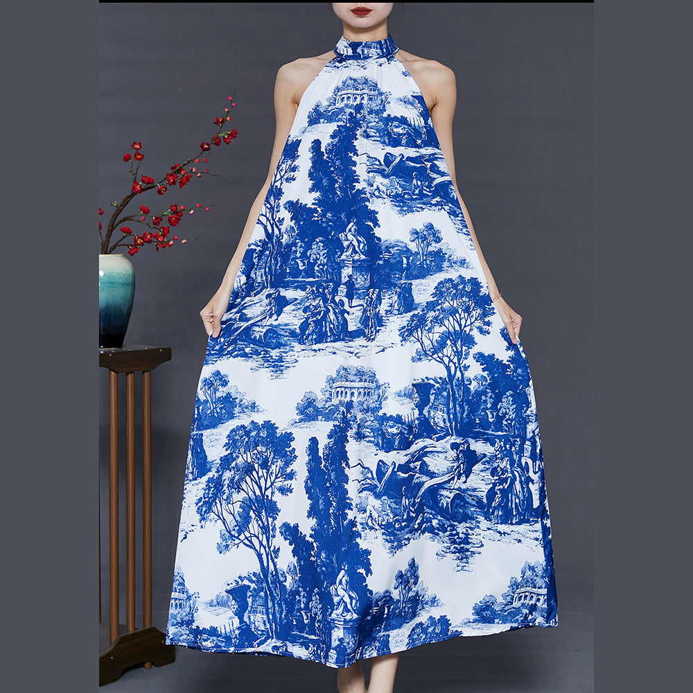 Modern Blue Cold Shoulder Print Cotton a Line Dress Summer