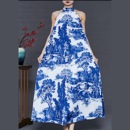 Modern Blue Cold Shoulder Print Cotton a Line Dress Summer