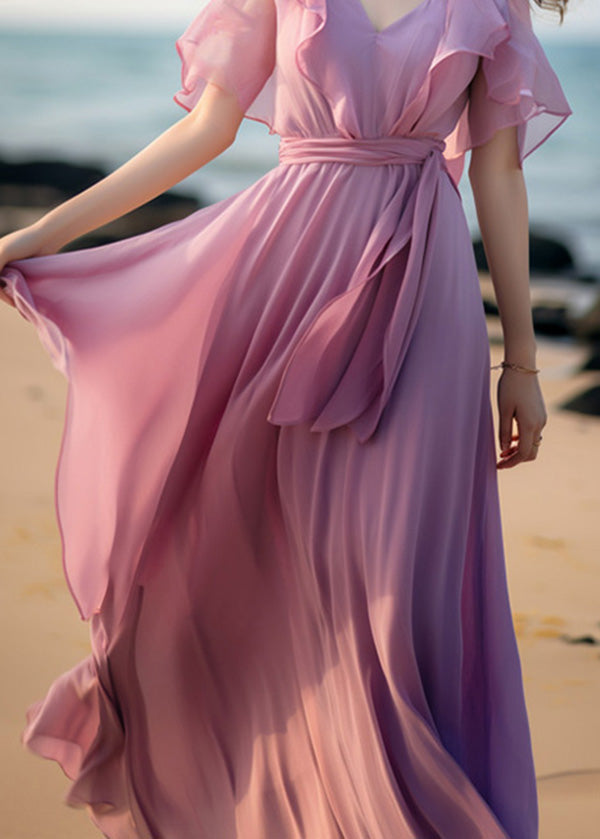 French Pink Tie Waist Patchwork Chiffon Dresses Butterfly Sleeve Summer