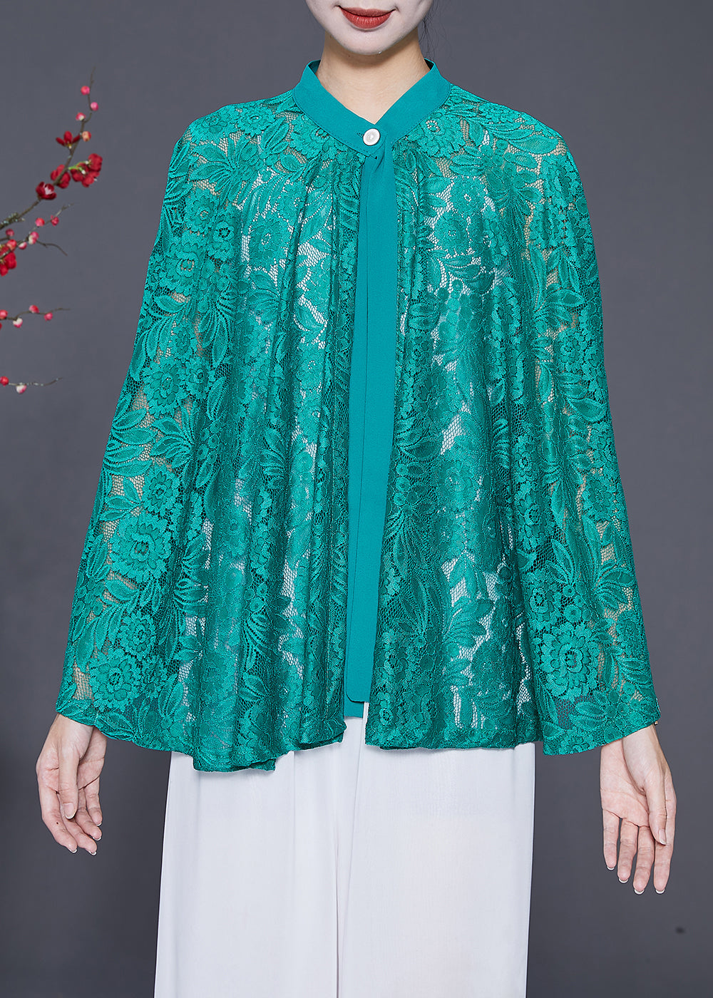 Green Hollow Out Lace Upf 50+ Smock Batwing Sleeve