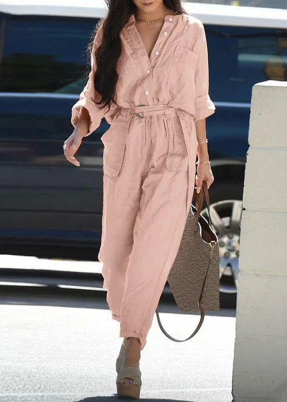 Pink Peter Pan Collar Pockets Tunic Jumpsuit Fall