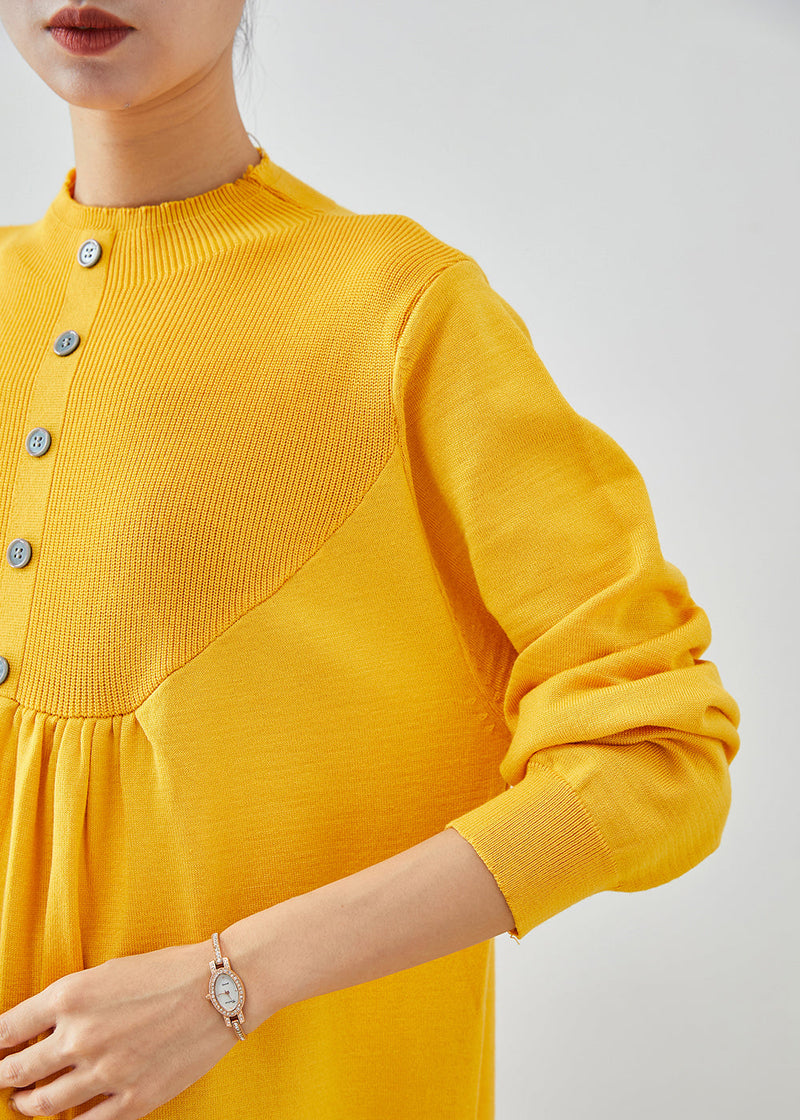 Yellow Stand Collar Patchwork Button Knit Sweater Dress Fall