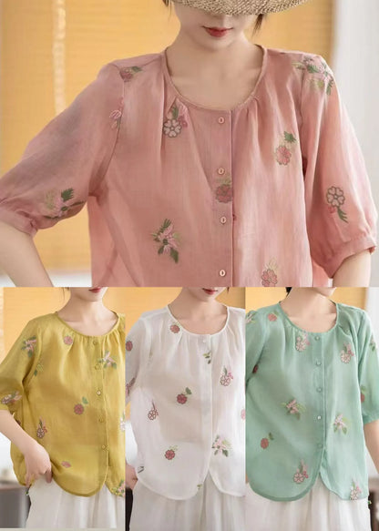 Simple White Embroidered Linen Shirt Half Sleeve