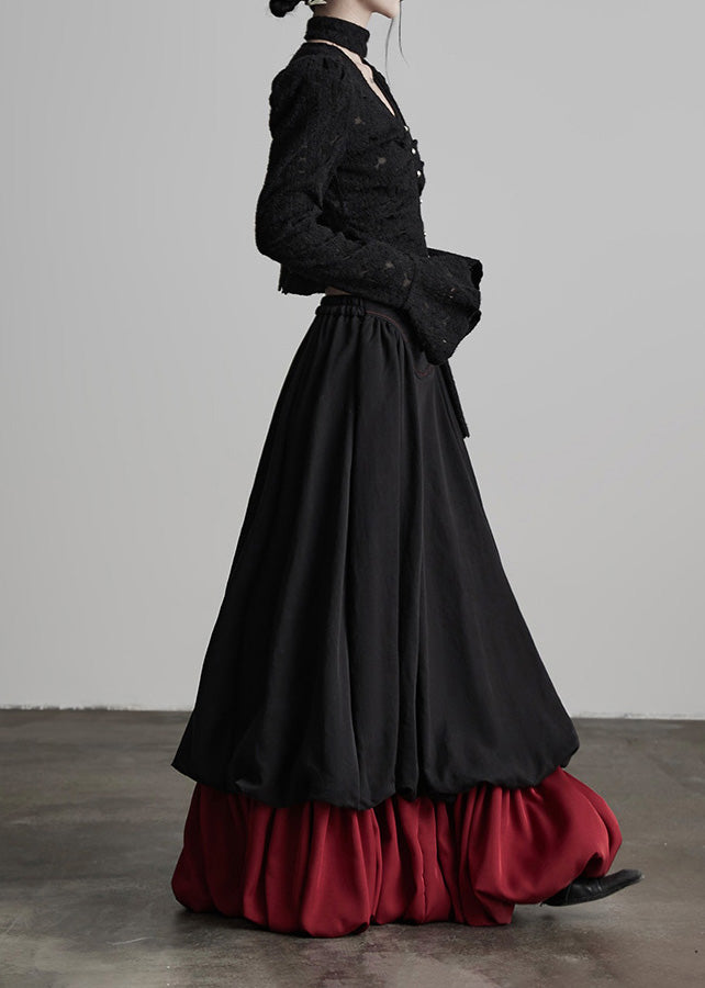Black Wrinkled Patchwork False Two Pieces Cotton Skirts Fall