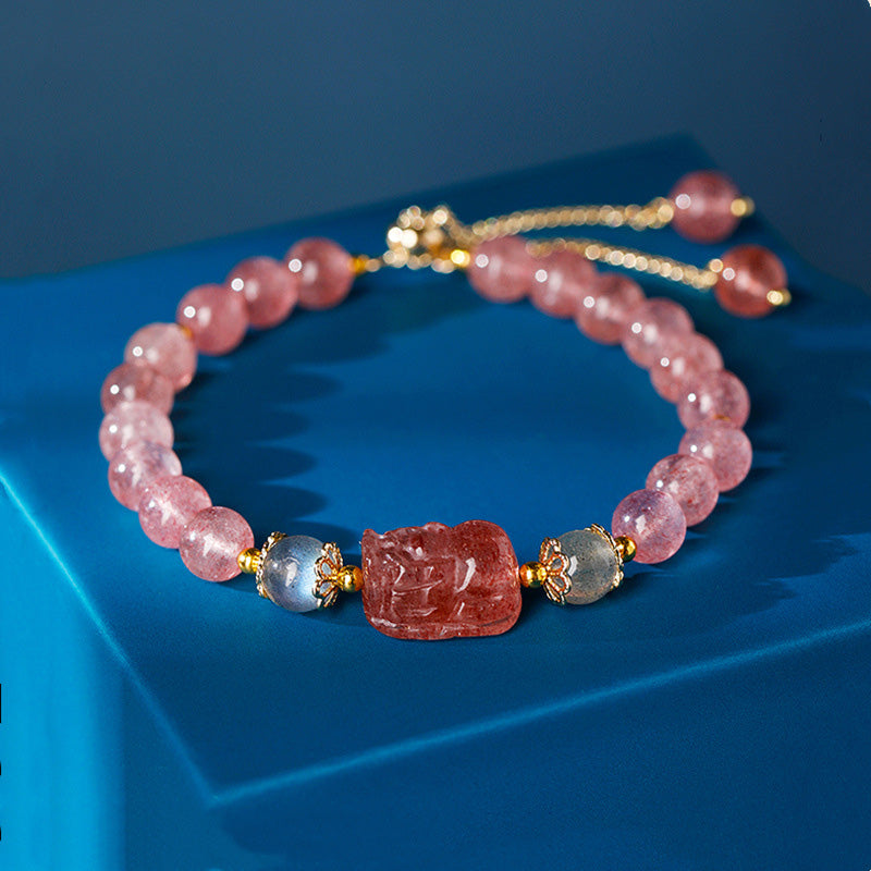 Buddha Stones Aquamarine Strawberry Quartz Amethyst Moonstone Pixiu Healing Bracelet
