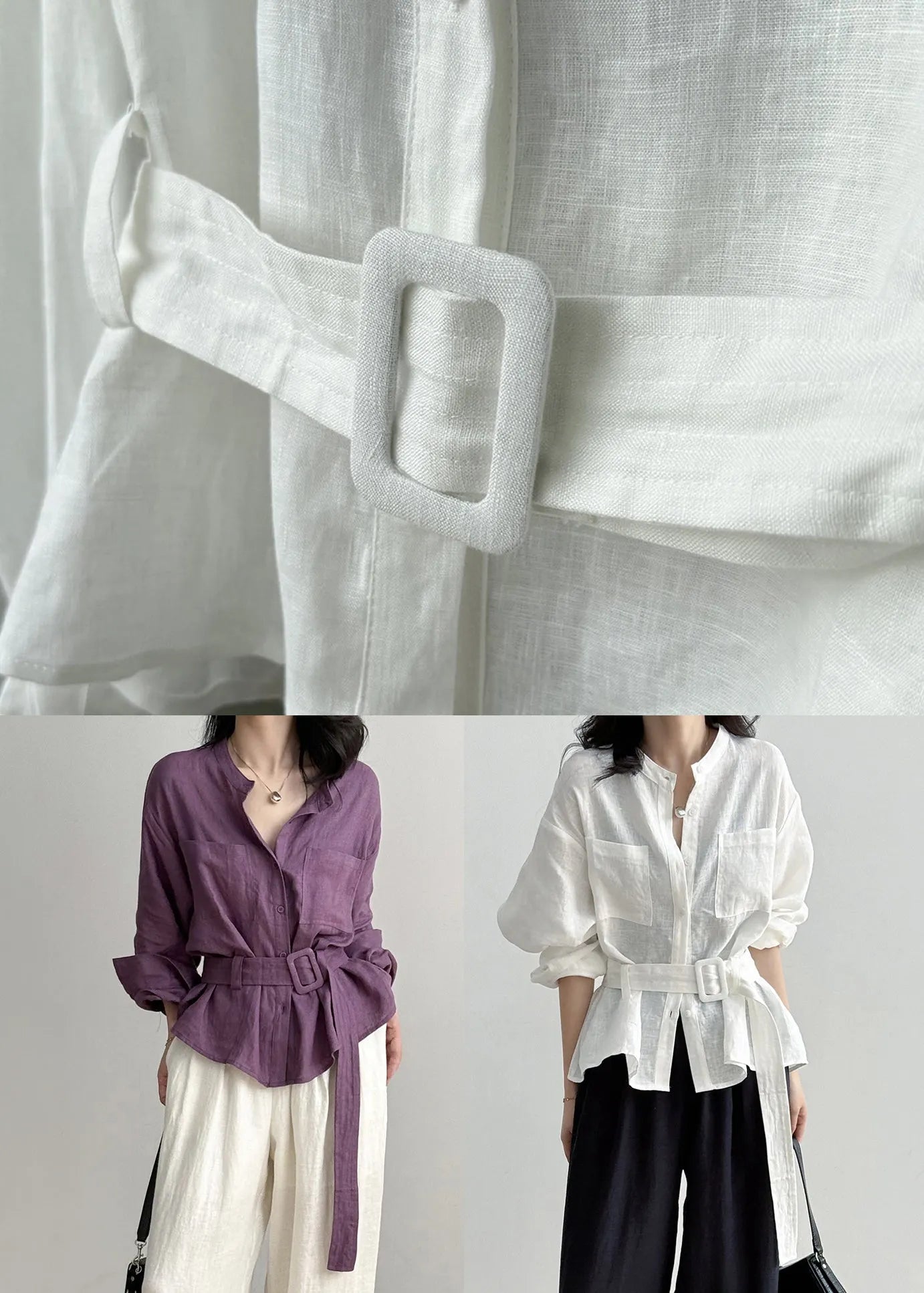 Loose White Pockets Tie Waist Linen Shirt Fall