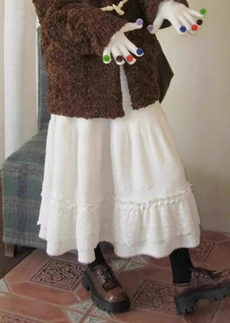 Simple Beige Lace Patchwork Elastic Waist Fluffy Skirt Spring