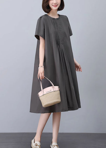 Grey O-neck Cotton Dresses Summer