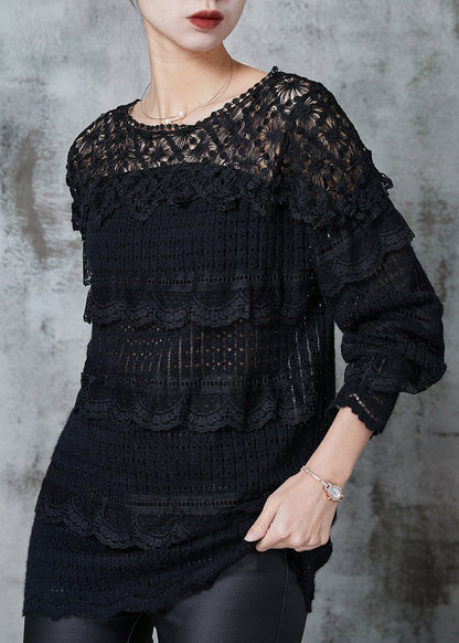 Black Hollow Out Patchwork Lace Knit Shirts Spring